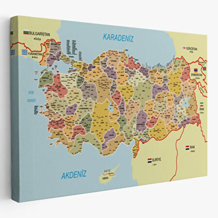 Komşulu İl ve İlçe Detaylı Türkiye Haritası, Harita Dekoratif Kanvas Tablo, Duvar Dekoru 3014