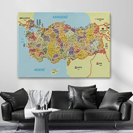 Komşulu İl ve İlçe Detaylı Türkiye Haritası, Harita Dekoratif Kanvas Tablo, Duvar Dekoru 3014