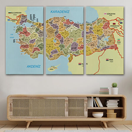 Komşulu İl ve İlçe Detaylı Türkiye Haritası, Harita Dekoratif Kanvas Tablo, Duvar Dekoru 3014