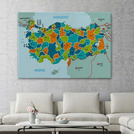Komşulu İl ve İlçe Detaylı Türkiye Haritası, Harita Dekoratif Kanvas Tablo, Duvar Dekoru 3015