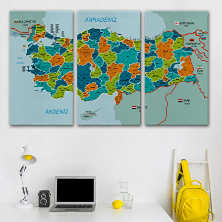 Komşulu İl ve İlçe Detaylı Türkiye Haritası, Harita Dekoratif Kanvas Tablo, Duvar Dekoru 3015