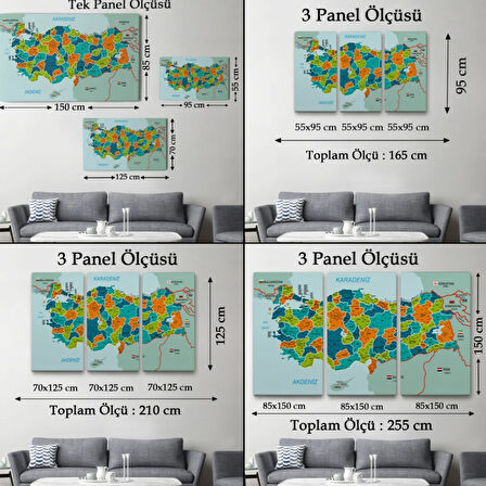Komşulu İl ve İlçe Detaylı Türkiye Haritası, Harita Dekoratif Kanvas Tablo, Duvar Dekoru 3015