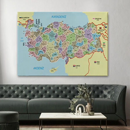Komşulu İl ve İlçe Detaylı Türkiye Haritası, Harita Dekoratif Kanvas Tablo, Duvar Dekoru 3016