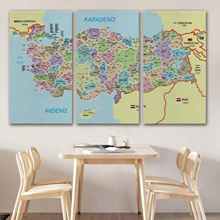 Komşulu İl ve İlçe Detaylı Türkiye Haritası, Harita Dekoratif Kanvas Tablo, Duvar Dekoru 3016