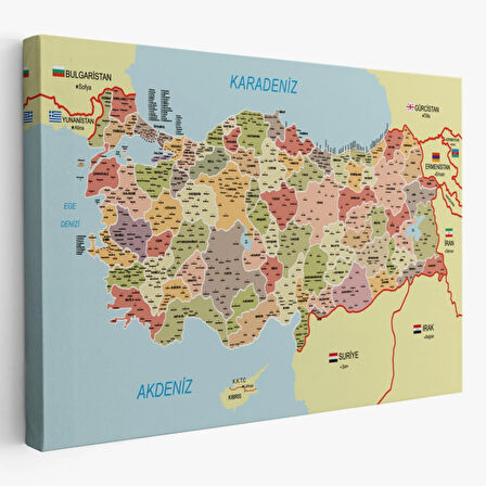 Komşulu İl ve İlçe Detaylı Türkiye Haritası, Harita Dekoratif Kanvas Tablo, Duvar Dekoru 3017