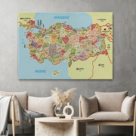 Komşulu İl ve İlçe Detaylı Türkiye Haritası, Harita Dekoratif Kanvas Tablo, Duvar Dekoru 3017