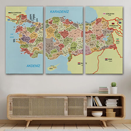 Komşulu İl ve İlçe Detaylı Türkiye Haritası, Harita Dekoratif Kanvas Tablo, Duvar Dekoru 3017