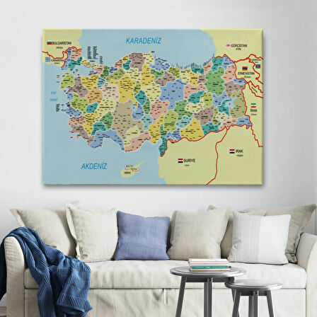 Komşulu İl ve İlçe Detaylı Türkiye Haritası, Harita Dekoratif Kanvas Tablo, Duvar Dekoru 3018
