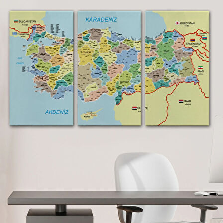 Komşulu İl ve İlçe Detaylı Türkiye Haritası, Harita Dekoratif Kanvas Tablo, Duvar Dekoru 3018