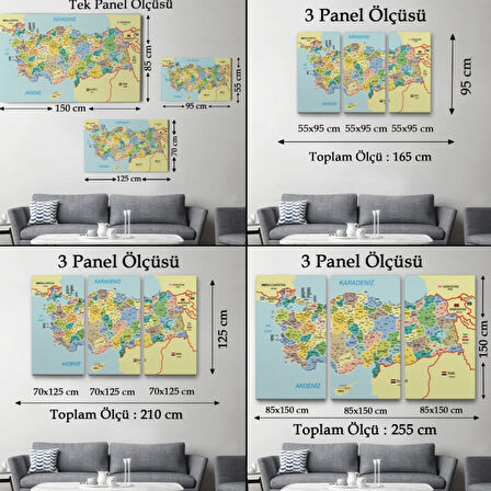 Komşulu İl ve İlçe Detaylı Türkiye Haritası, Harita Dekoratif Kanvas Tablo, Duvar Dekoru 3018