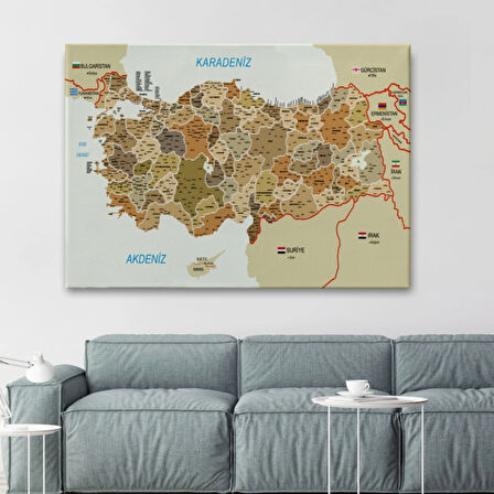 Komşu Ülkeler İl ve İlçe Detaylı Türkiye Haritası Dekoratif Kanvas Tablo, Duvar Dekoru 3020