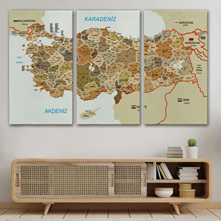 Komşu Ülkeler İl ve İlçe Detaylı Türkiye Haritası Dekoratif Kanvas Tablo, Duvar Dekoru 3020