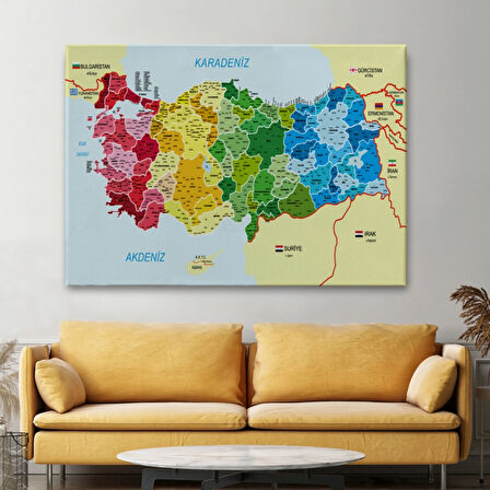 Komşulu İl ve İlçe Detaylı Türkiye Haritası, Harita Dekoratif Kanvas Tablo, Duvar Dekoru 3021