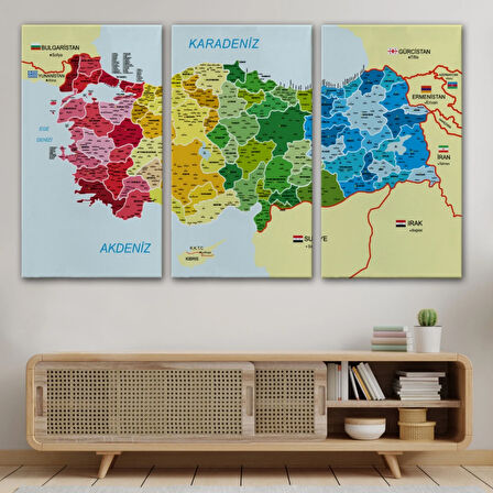 Komşulu İl ve İlçe Detaylı Türkiye Haritası, Harita Dekoratif Kanvas Tablo, Duvar Dekoru 3021