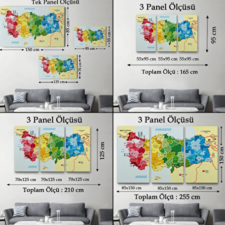 Komşulu İl ve İlçe Detaylı Türkiye Haritası, Harita Dekoratif Kanvas Tablo, Duvar Dekoru 3021