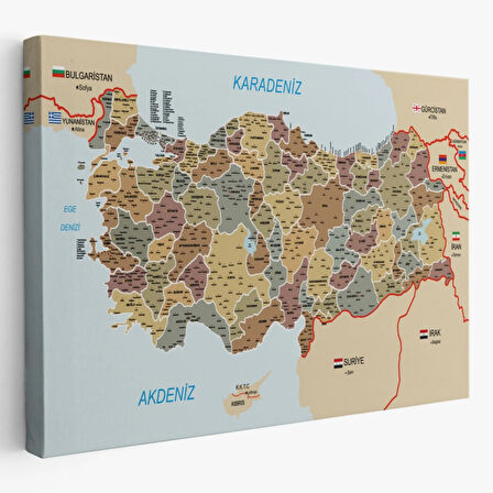 Komşulu İl ve İlçe Detaylı Türkiye Haritası, Harita Dekoratif Kanvas Tablo, Duvar Dekoru 3022