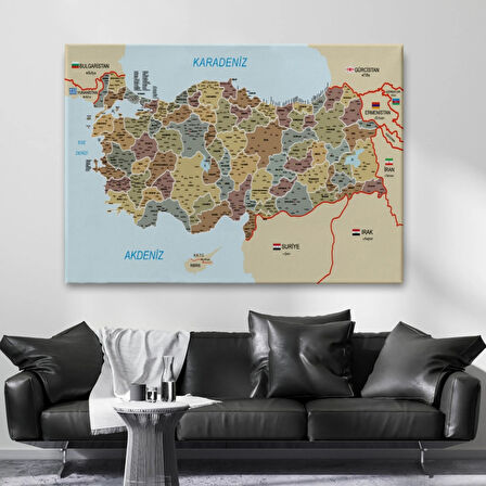 Komşulu İl ve İlçe Detaylı Türkiye Haritası, Harita Dekoratif Kanvas Tablo, Duvar Dekoru 3022