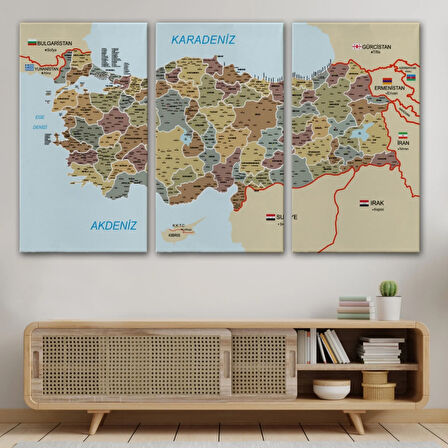 Komşulu İl ve İlçe Detaylı Türkiye Haritası, Harita Dekoratif Kanvas Tablo, Duvar Dekoru 3022