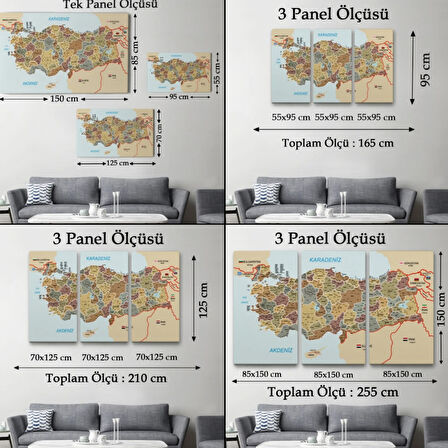 Komşulu İl ve İlçe Detaylı Türkiye Haritası, Harita Dekoratif Kanvas Tablo, Duvar Dekoru 3022