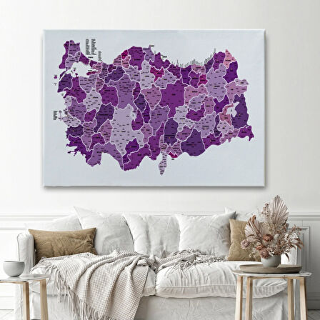 Eğitici İl ve İlçe Detaylı Türkiye Haritası, Harita Dekoratif Kanvas Tablo, Duvar Dekoru 3025