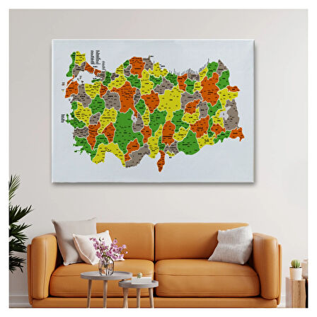 Eğitici İl ve İlçe Detaylı Türkiye Haritası, Harita Dekoratif Kanvas Tablo, Duvar Dekoru 3027