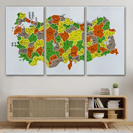 Eğitici İl ve İlçe Detaylı Türkiye Haritası, Harita Dekoratif Kanvas Tablo, Duvar Dekoru 3027