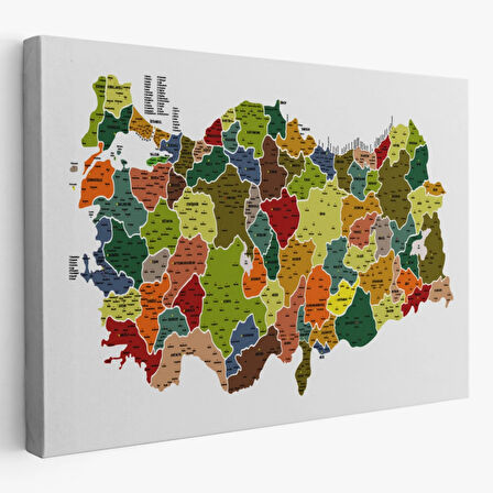 Eğitici İl ve İlçe Detaylı Türkiye Haritası, Harita Dekoratif Kanvas Tablo, Duvar Dekoru 3028