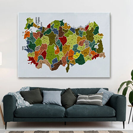 Eğitici İl ve İlçe Detaylı Türkiye Haritası, Harita Dekoratif Kanvas Tablo, Duvar Dekoru 3028