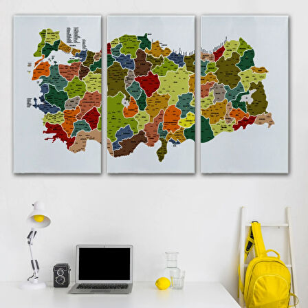 Eğitici İl ve İlçe Detaylı Türkiye Haritası, Harita Dekoratif Kanvas Tablo, Duvar Dekoru 3028