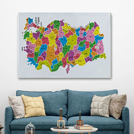 Eğitici İl ve İlçe Detaylı Türkiye Haritası, Harita Dekoratif Kanvas Tablo, Duvar Dekoru 3029