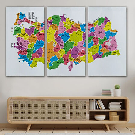 Eğitici İl ve İlçe Detaylı Türkiye Haritası, Harita Dekoratif Kanvas Tablo, Duvar Dekoru 3029