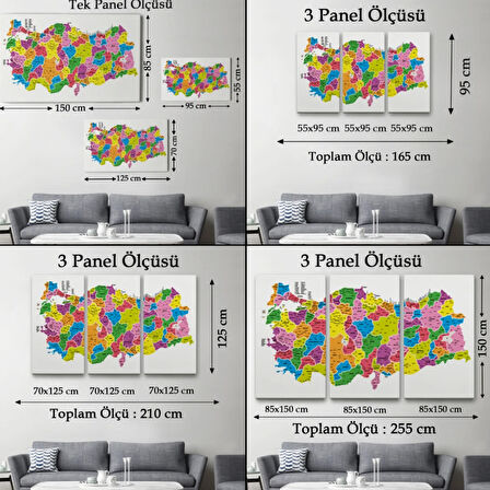 Eğitici İl ve İlçe Detaylı Türkiye Haritası, Harita Dekoratif Kanvas Tablo, Duvar Dekoru 3029