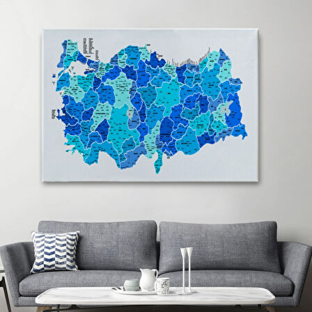 Eğitici İl ve İlçe Detaylı Türkiye Haritası, Harita Dekoratif Kanvas Tablo, Duvar Dekoru 3030