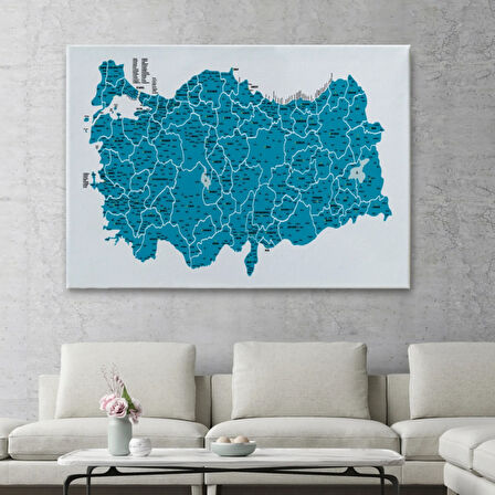 Eğitici İl ve İlçe Detaylı Türkiye Haritası, Harita Dekoratif Kanvas Tablo, Duvar Dekoru 3031