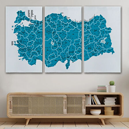 Eğitici İl ve İlçe Detaylı Türkiye Haritası, Harita Dekoratif Kanvas Tablo, Duvar Dekoru 3031