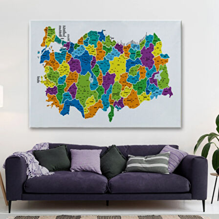 Eğitici İl ve İlçe Detaylı Türkiye Haritası, Harita Dekoratif Kanvas Tablo, Duvar Dekoru 3032