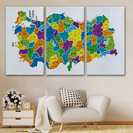 Eğitici İl ve İlçe Detaylı Türkiye Haritası, Harita Dekoratif Kanvas Tablo, Duvar Dekoru 3032