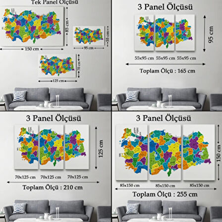 Eğitici İl ve İlçe Detaylı Türkiye Haritası, Harita Dekoratif Kanvas Tablo, Duvar Dekoru 3032