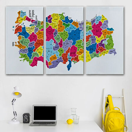 Eğitici İl ve İlçe Detaylı Türkiye Haritası, Harita Dekoratif Kanvas Tablo, Duvar Dekoru 3033