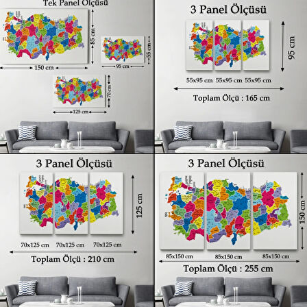 Eğitici İl ve İlçe Detaylı Türkiye Haritası, Harita Dekoratif Kanvas Tablo, Duvar Dekoru 3033