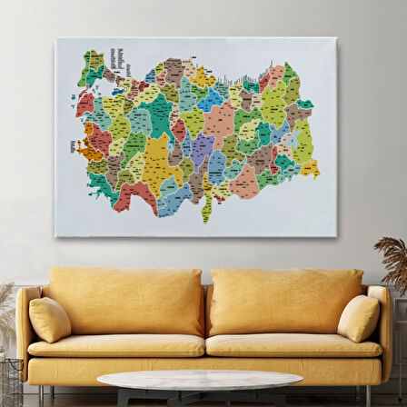 Eğitici İl ve İlçe Detaylı Türkiye Haritası, Harita Dekoratif Kanvas Tablo, Duvar Dekoru 3034