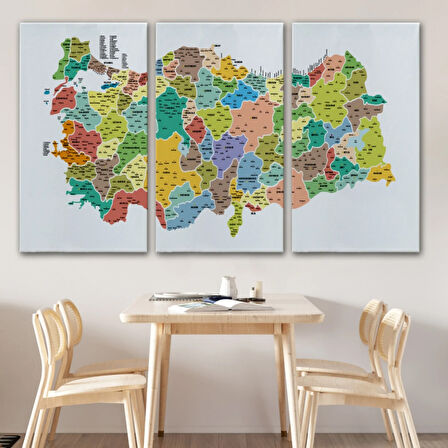 Eğitici İl ve İlçe Detaylı Türkiye Haritası, Harita Dekoratif Kanvas Tablo, Duvar Dekoru 3034