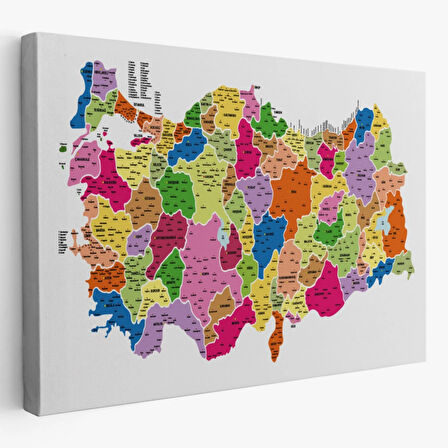Eğitici İl ve İlçe Detaylı Türkiye Haritası, Harita Dekoratif Kanvas Tablo, Duvar Dekoru 3036