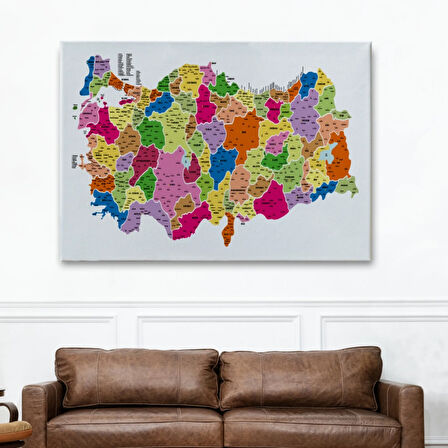 Eğitici İl ve İlçe Detaylı Türkiye Haritası, Harita Dekoratif Kanvas Tablo, Duvar Dekoru 3036