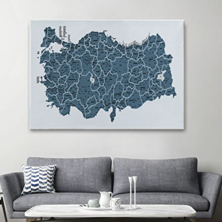 İl ve İlçe Detaylı Eğitici Öğretici Türkiye Haritası Dekoratif Kanvas Tablo, Duvar Dekoru 3037