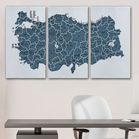 İl ve İlçe Detaylı Eğitici Öğretici Türkiye Haritası Dekoratif Kanvas Tablo, Duvar Dekoru 3037