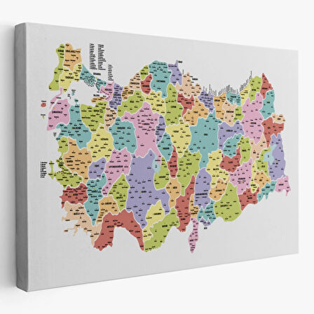 Eğitici İl ve İlçe Detaylı Türkiye Haritası, Harita Dekoratif Kanvas Tablo, Duvar Dekoru 3039