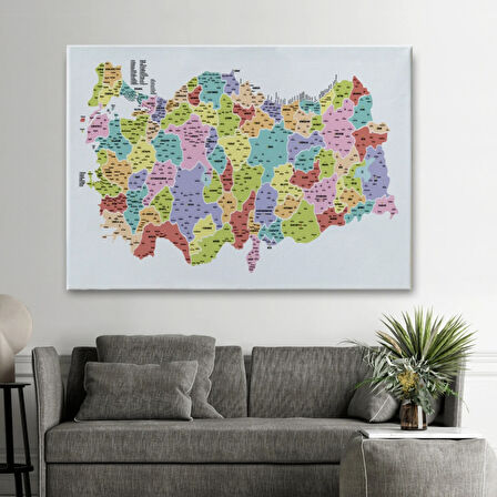 Eğitici İl ve İlçe Detaylı Türkiye Haritası, Harita Dekoratif Kanvas Tablo, Duvar Dekoru 3039