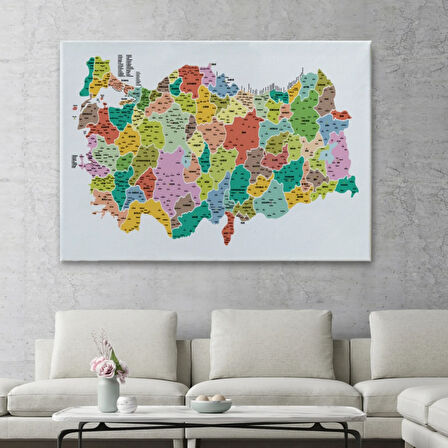 Eğitici İl ve İlçe Detaylı Türkiye Haritası, Harita Dekoratif Kanvas Tablo, Duvar Dekoru 3040