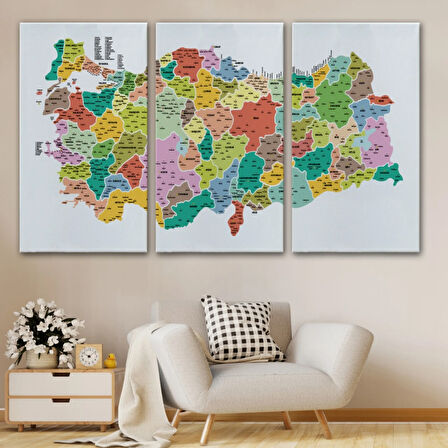 Eğitici İl ve İlçe Detaylı Türkiye Haritası, Harita Dekoratif Kanvas Tablo, Duvar Dekoru 3040